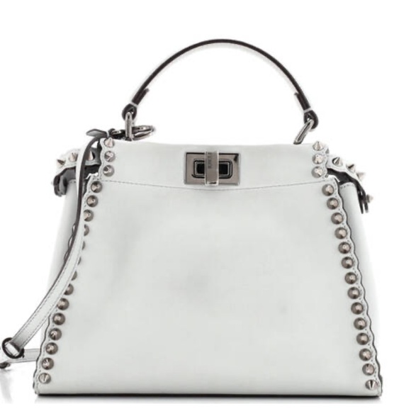 Fendi Handbags - Fendi Peekaboo Mini Light Blue Studded Leather Two-Way Top Handle Bag